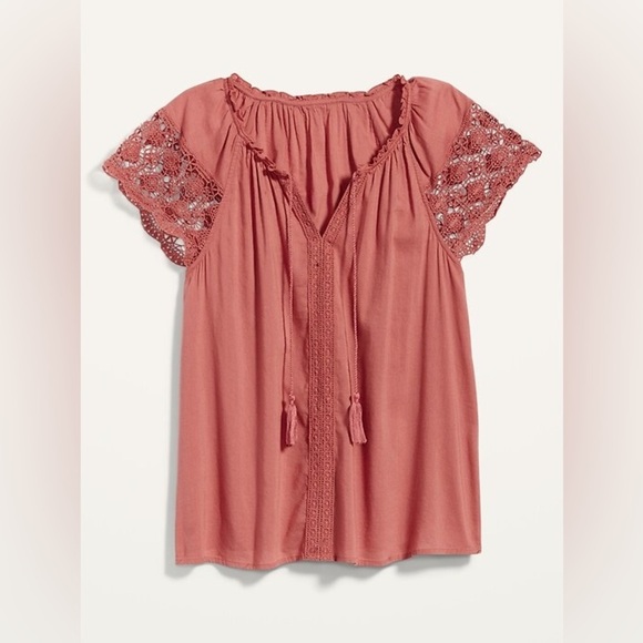 OLD NAVY | Relaxed Tie-Neck Crochet-Lace Sleeve Blouse in Rust - Picture 1 of 12